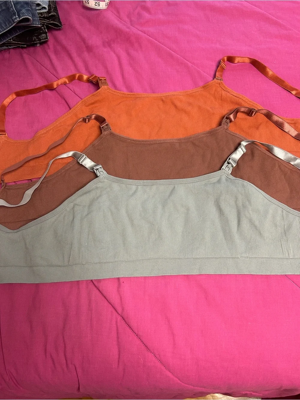 3 pack Ribbed Crop Bralette - Adjustable Straps colors Rust , Brown, Gray